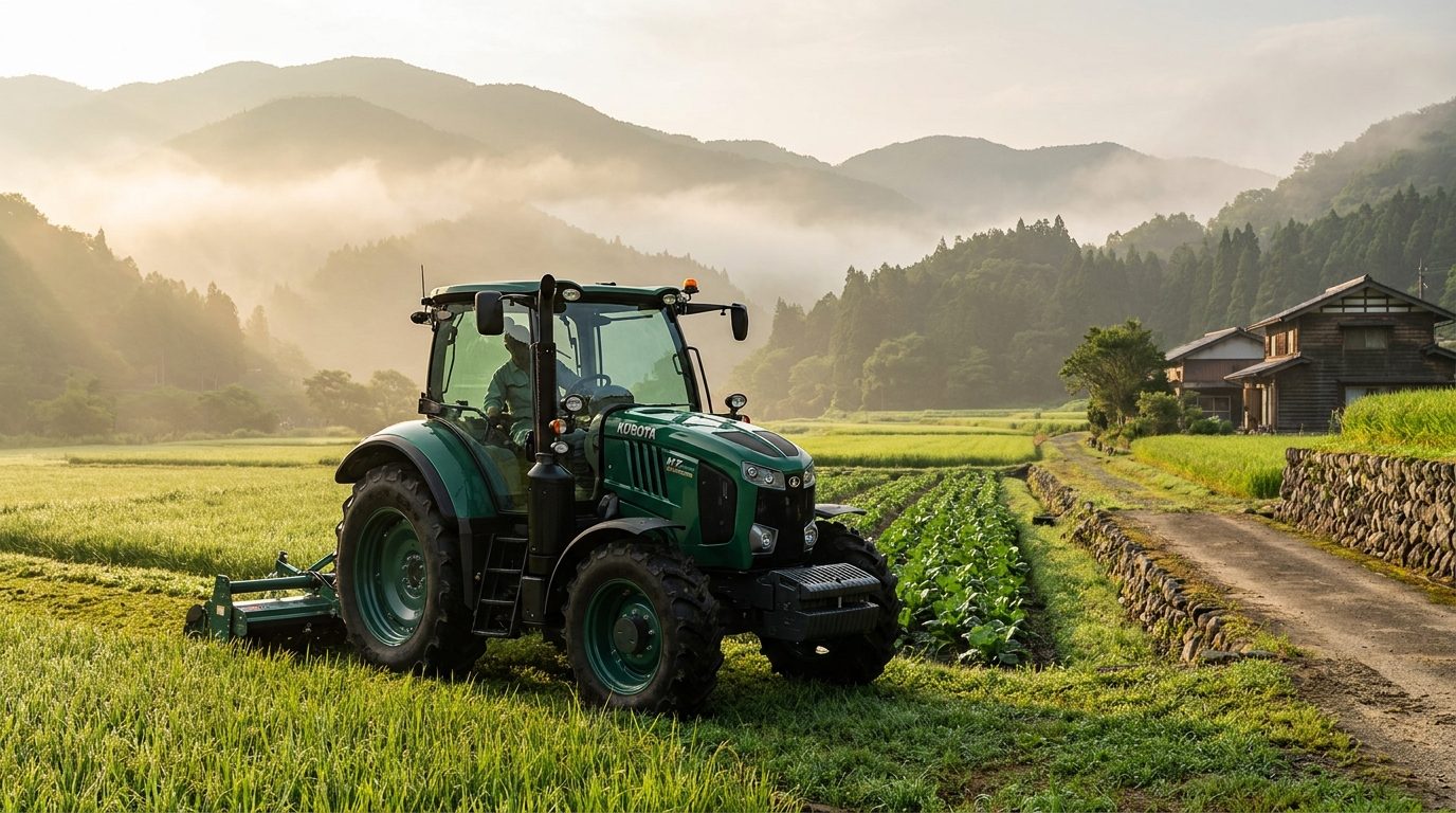 Agricultural machinery working in a Japanese rice field